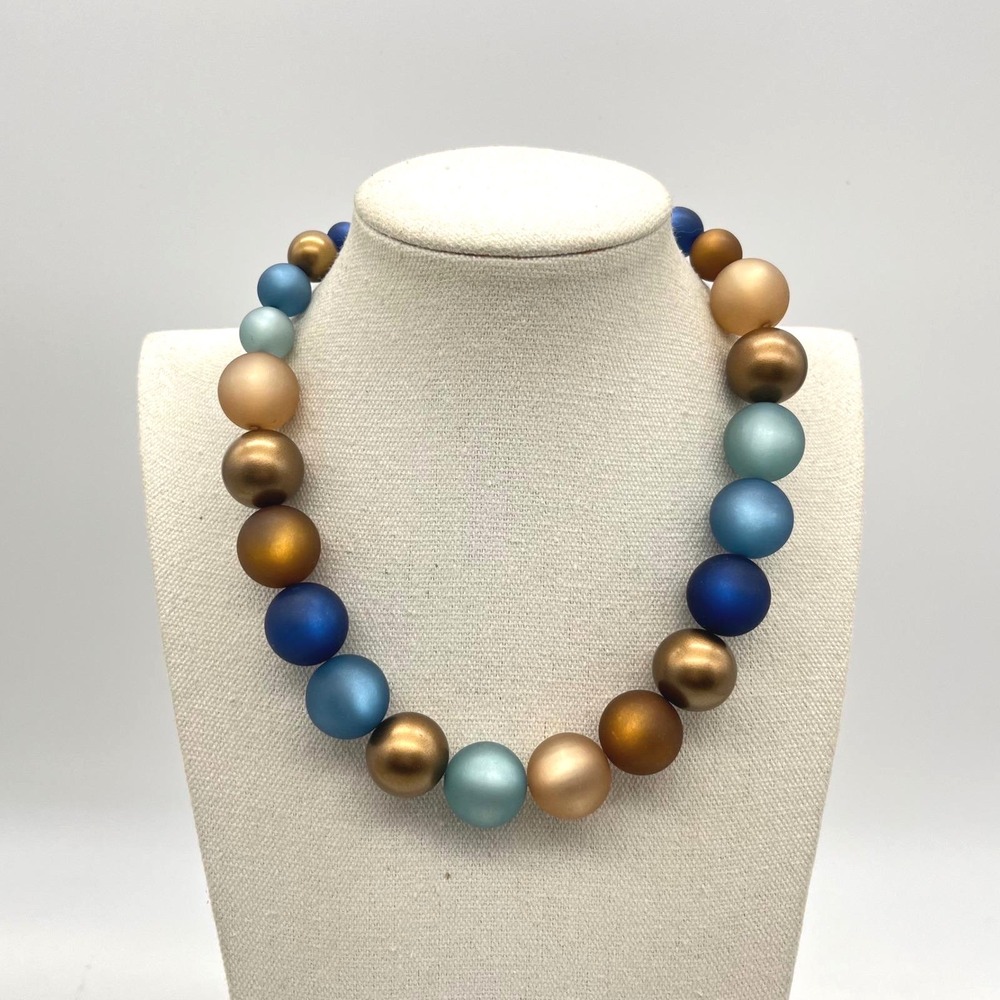 Avon PMA Blue Bronze Gold Matte Satin Graduated Chunky Bead Necklace 20.5"